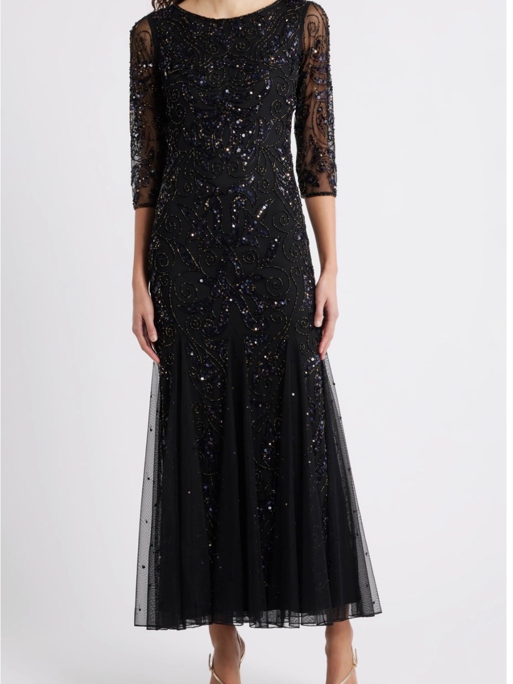 Pisarro Nights Illusion Sleeve Beaded A-Line
Gown - Jet Black